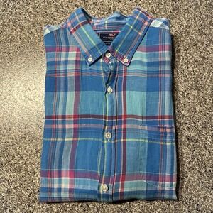 Vineyard Vines Shirt Mens‎ L Slim Fit Murray Linen Plaid Blue Pink